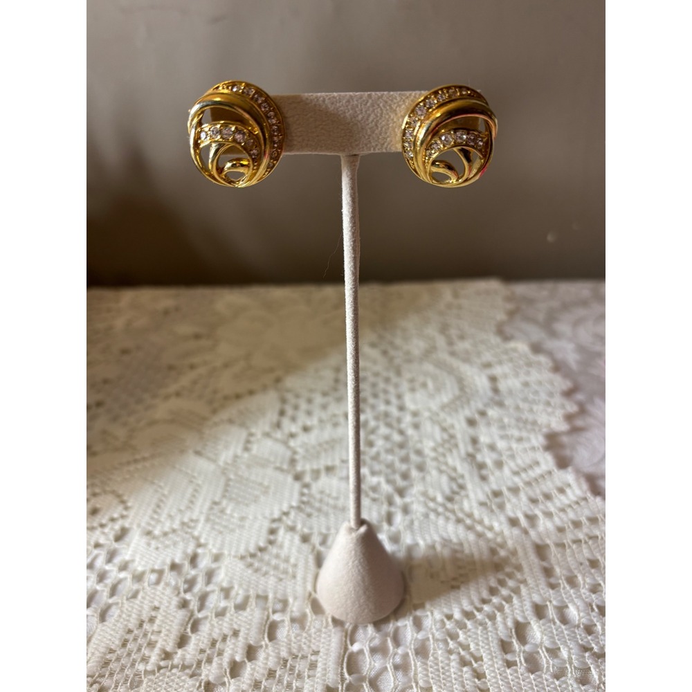 Stunning 1980s Vintage Gold-Tone Pave Rhinestone Swirl Lobe Button Earrings